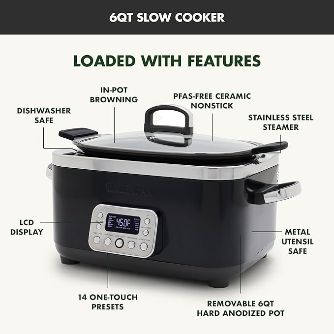 GreenPan Elite 14-in-1 Nonstick 6QT Electric Slow Cooker, PFAS-Free Ceramic