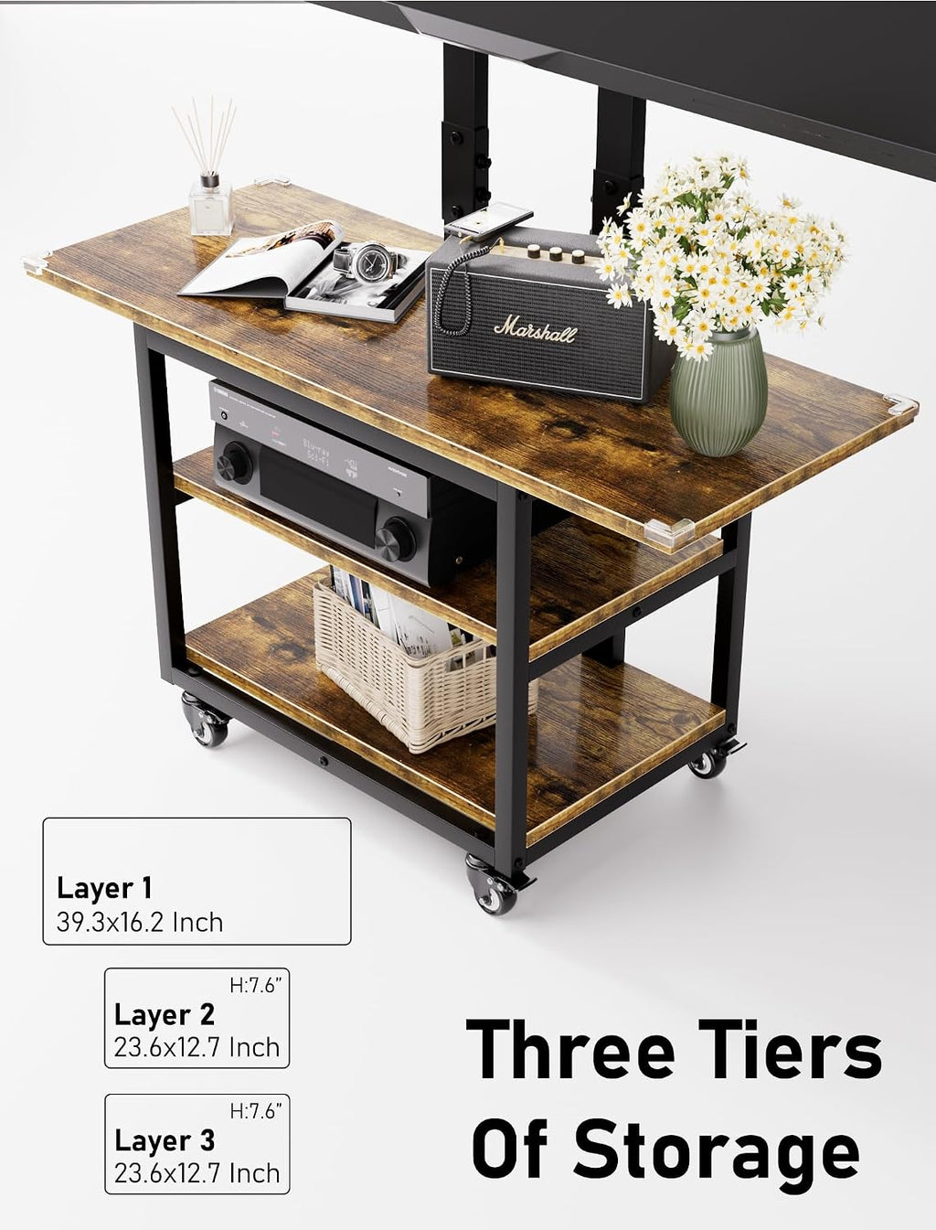 Heavy Duty Mobile TV Cart with 3-Tier Shelves, Height Adjustable Rolling TV Stand for 32-75 inch TVs up to 150 lbs, Portable TV Stand with Wheels for Home & Office, Max VESA 600×400mm(Retro)