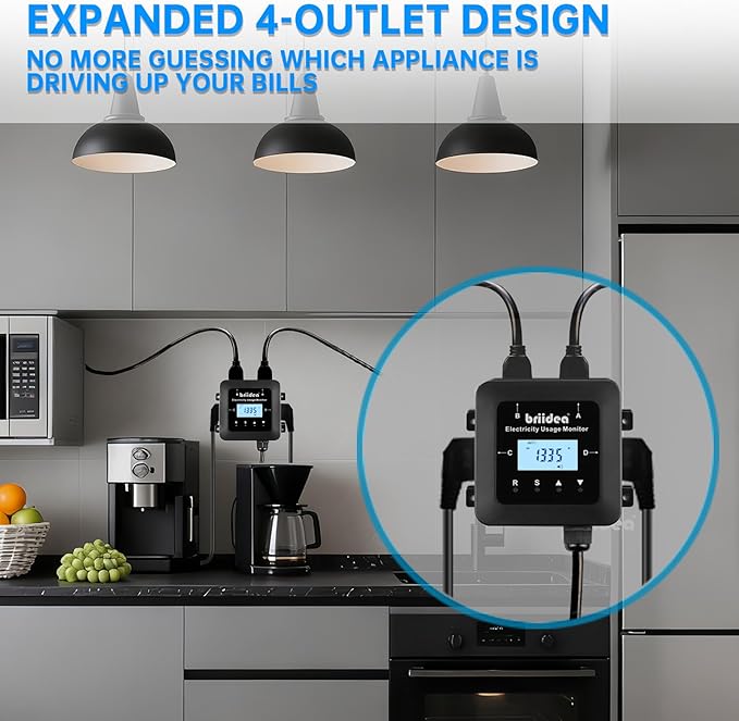 briidea Electricity Usage Monitor, 4-Outlet Power Consumption Watt Voltage Amp