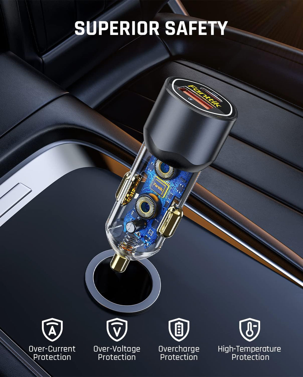 fanttik 65w usb c car charger, dual port showing dimensions