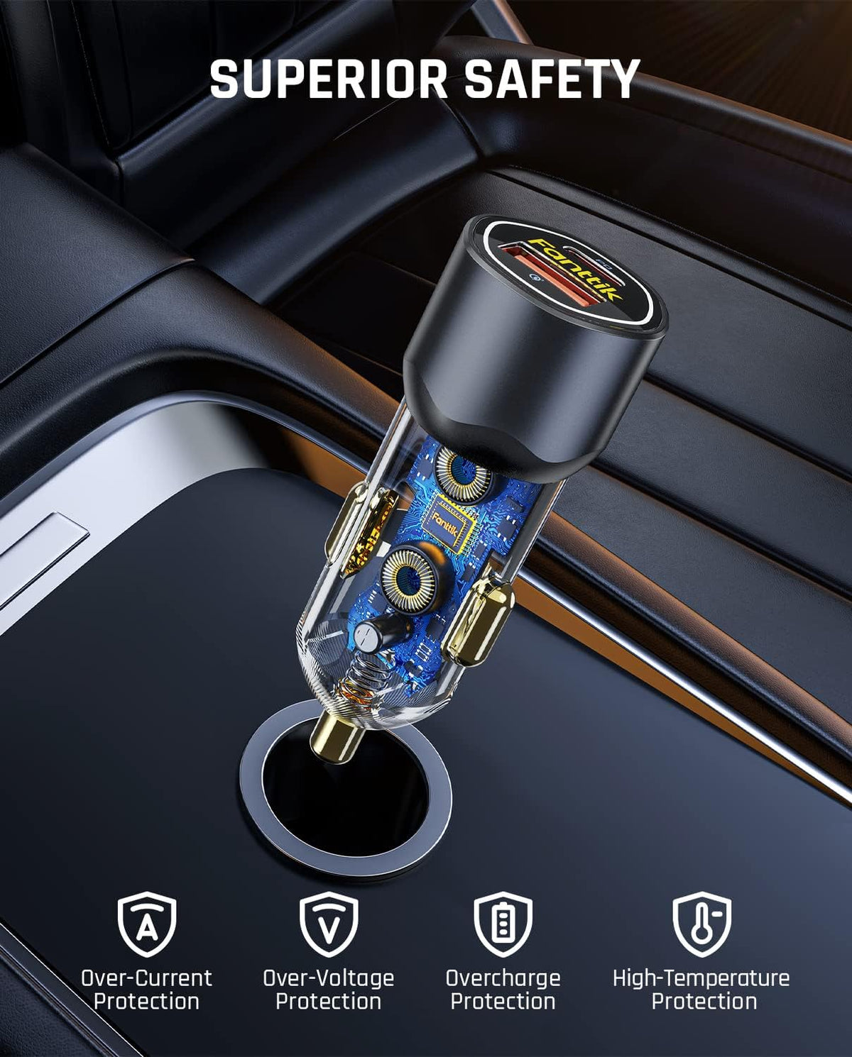 fanttik 65w usb c car charger, dual port showing dimensions