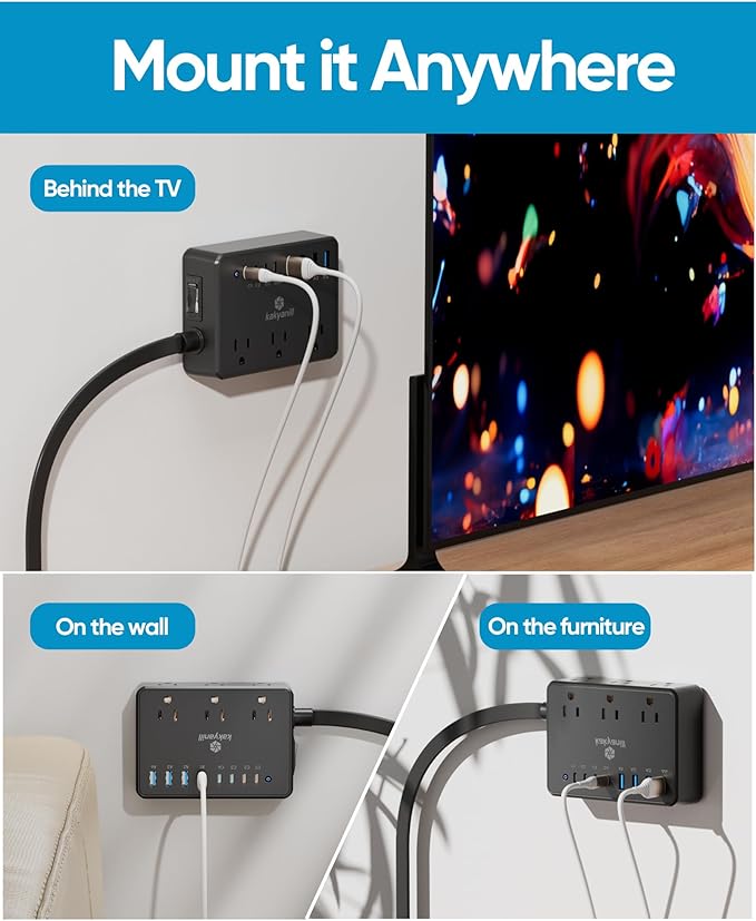 Kakyanill 100W Power Strip, 6 AC Outlets 8 USB Ports