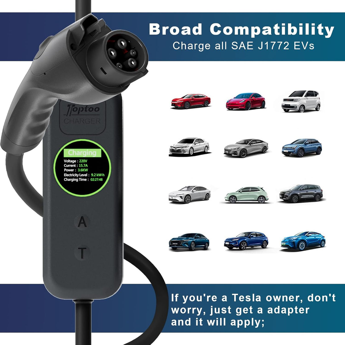 1+2 EV Charger Level Portable Electric Car Charger 6-20P 16A Power Plug 3.5KW 110V-240V for J1772 Electric Cars (Applicable to Household Electricity)