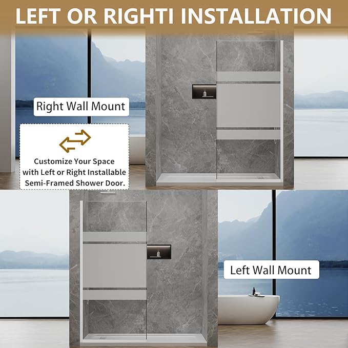 36"x76" Fixed Glass Shower Door, 3/8" Thick Mid-Band Frosted Privacy Tempered