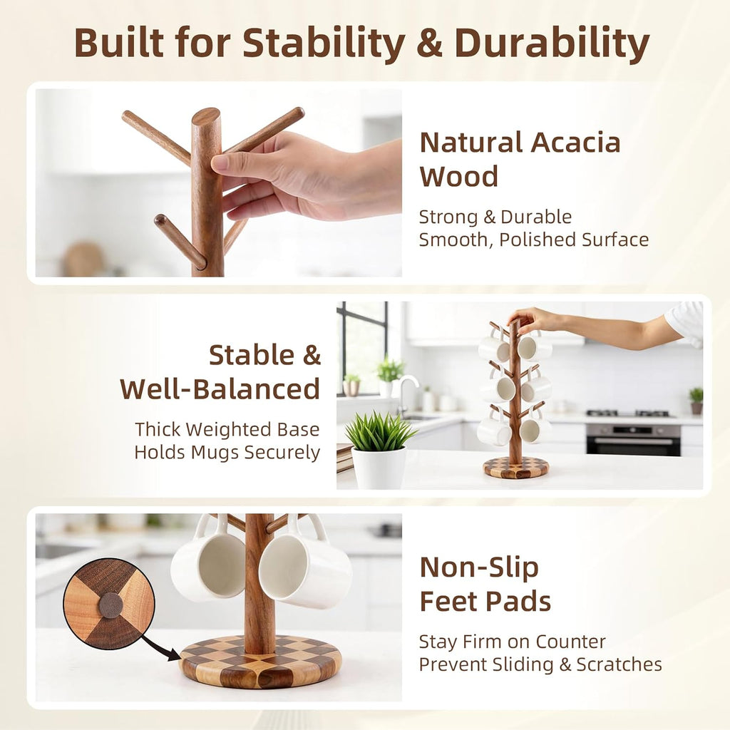 Natural Wood Mug Holder for Counter Top, Acacia Wood Coffee Mug Tree