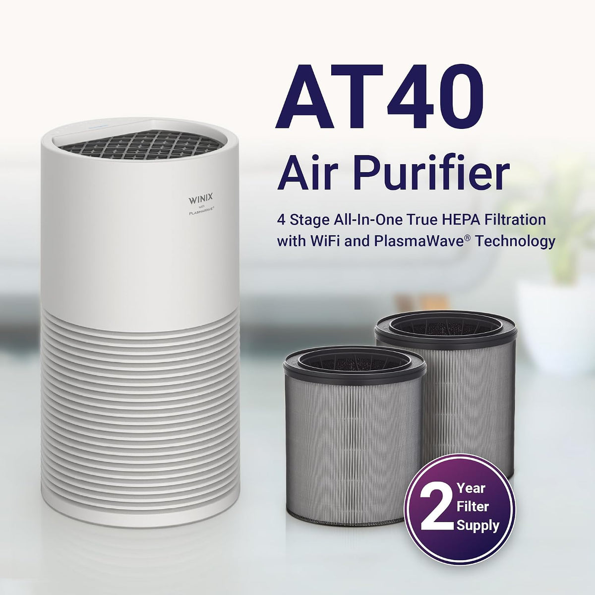 WINIX AT40 Air Purifier with 2 Years of Filters for Extra Large Room Up to 1968 Ft² in 1 Hr With Air Quality Monitor, True HEPA, Carbon Filter and Auto Mode, Captures Dander, Smoke, Dust