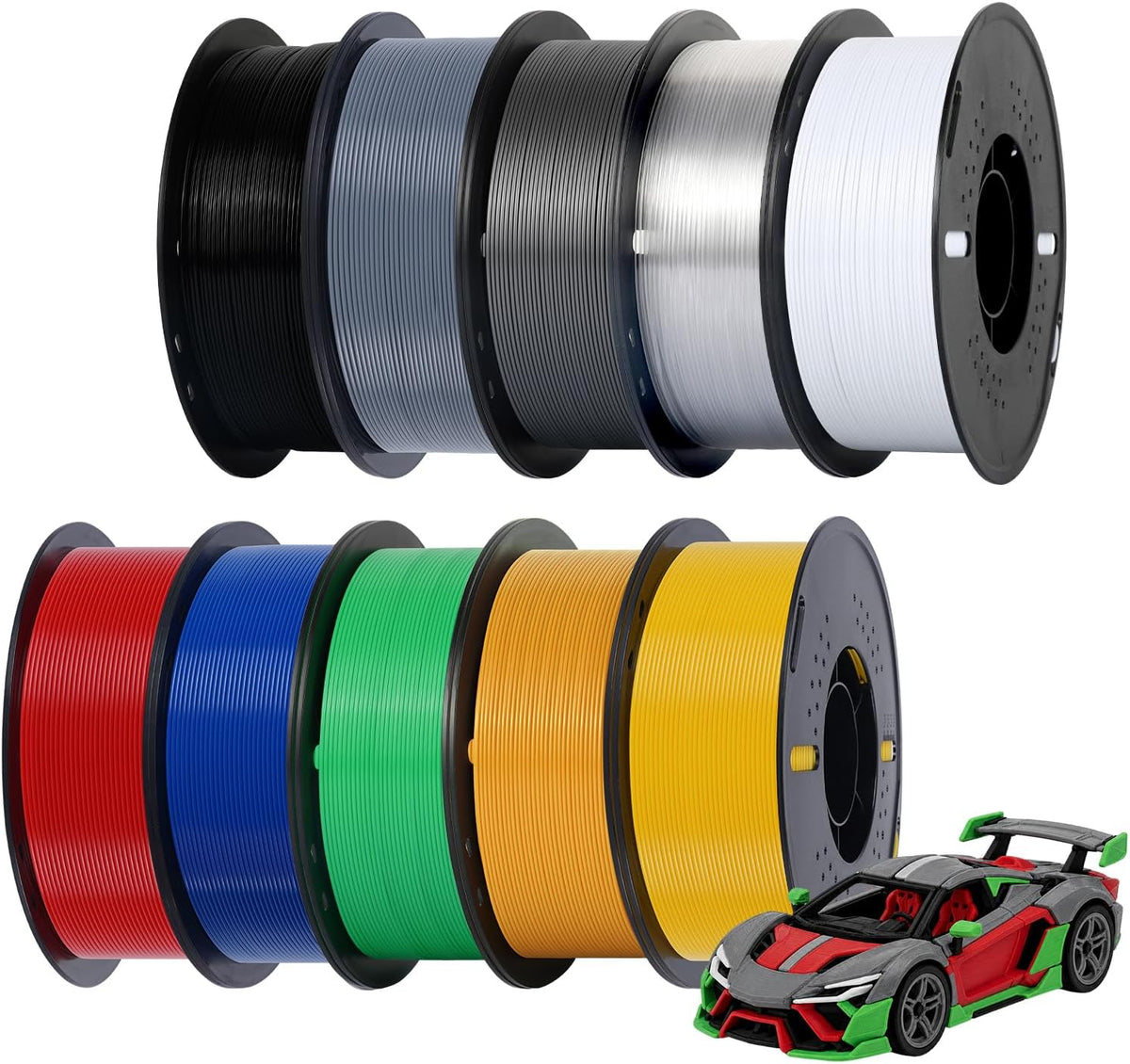 Kingroon PETG 3D Printer Filament, 10 Rolls, Dimensional Accuracy +/- 0.03 mm, 1kg Spool(2.2lbs), 1.75 mm，10KG Ten Colors Black White Grey Red Blue Green Yellow Orange Transparent Silver
