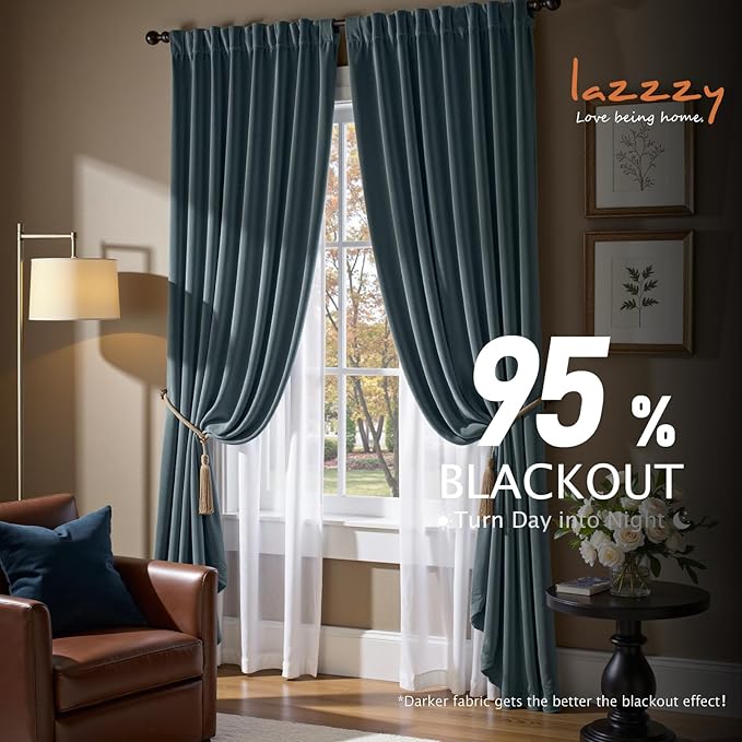 Lazzzy Blue Blackout Velvet Curtains 84 Inch Long Thermal Insulated Room