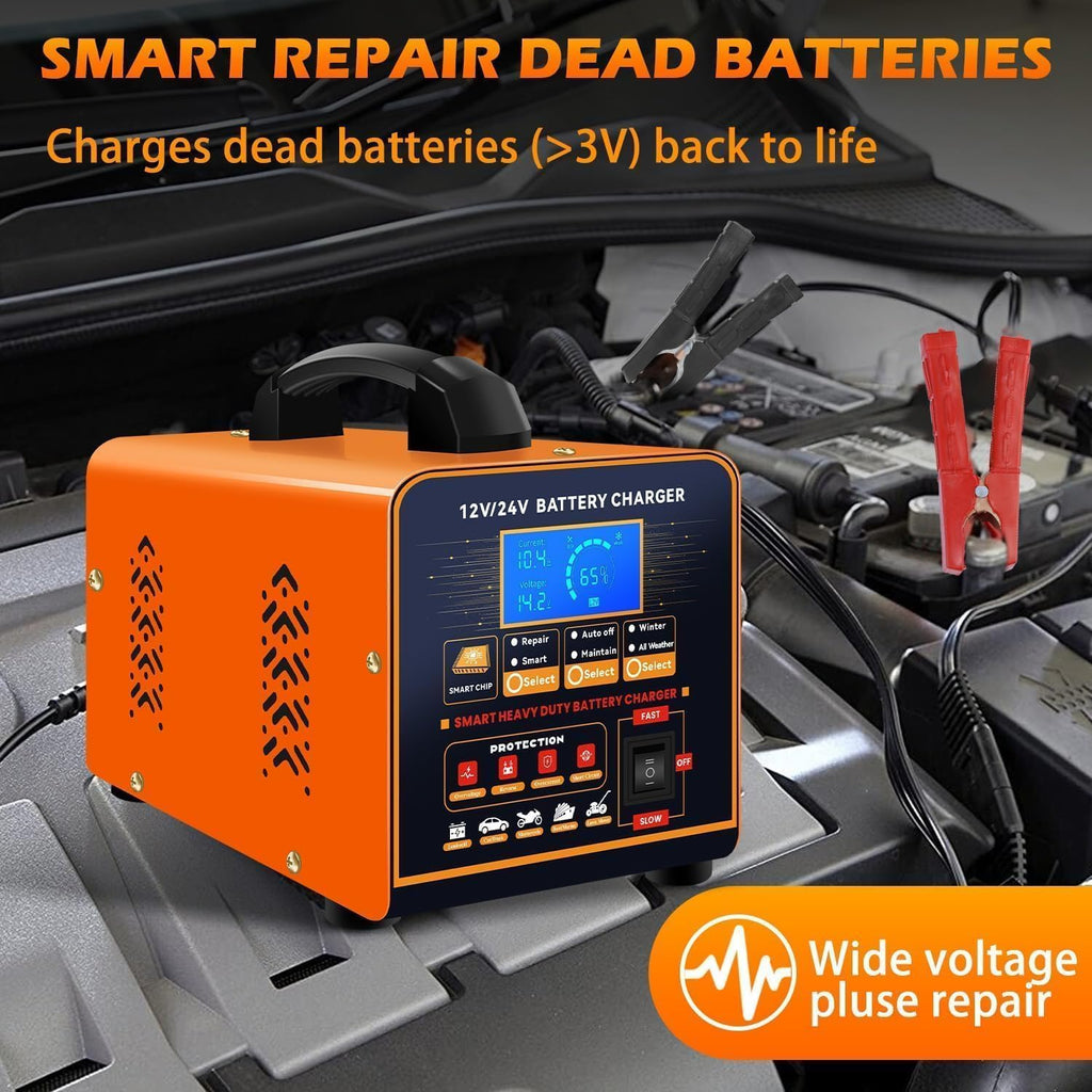 SolaMr 12V 24V Heavy Duty Car Battery Charger, 0-20A Automatic Trickle Charger for Car Truck Motorcycle RV Lawn Mower, Auto Smart Deep Cycle Battery Maintainer for AGM Lead Acid Batteries, Metal Case