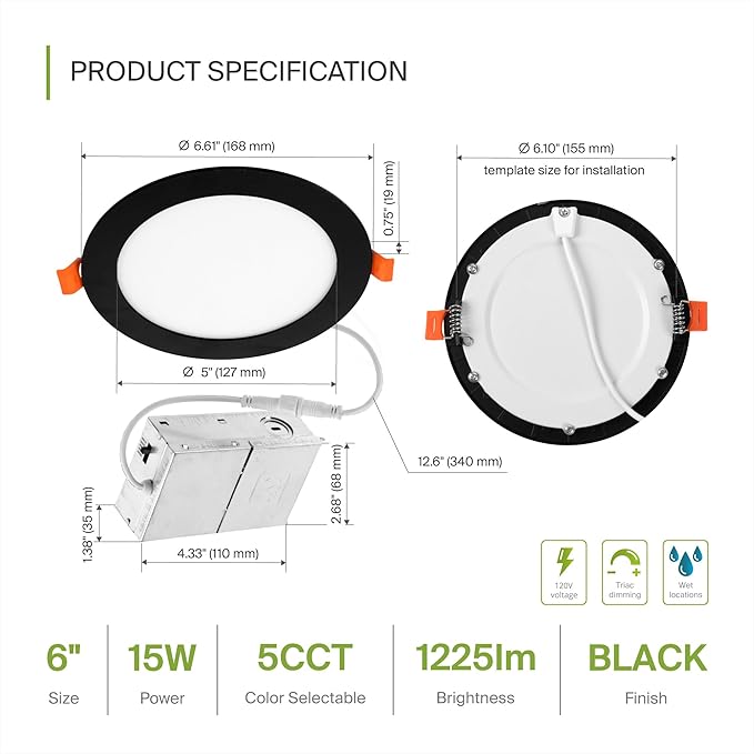 ASD 6 Pack LED Recessed Lighting 6 Inch 15W, 5 CCT 2700K-5000K CRI90+, IC Rated