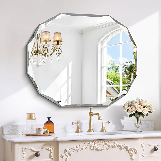 GLASHOM Frameless Bathroom Mirror, 30x36 inch Vanity Mirror Beveled Edge Wall