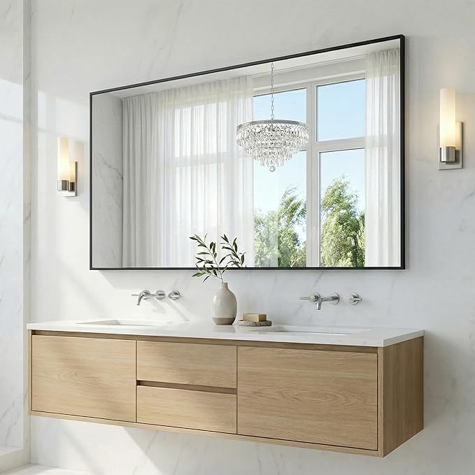 55"x30" Black Bathroom Mirror, Metal Framed Vanity Mirror
