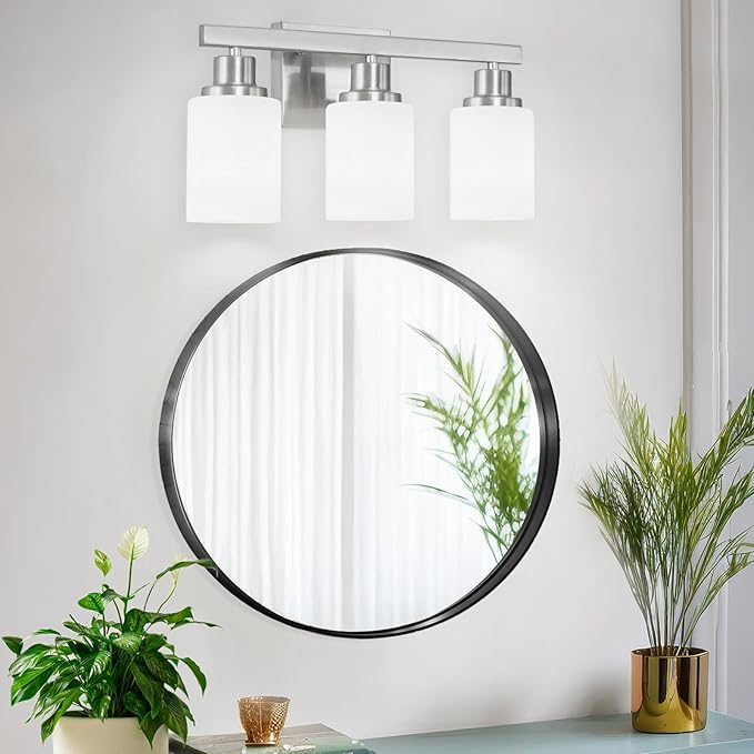DIKAIDA 3-Light Bathroom Light Fixtures, Nickel Vanity Light, Modern Bathroom