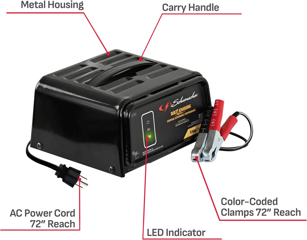 schumacher electric 8a car battery charger & maintainer on a desk or shelf