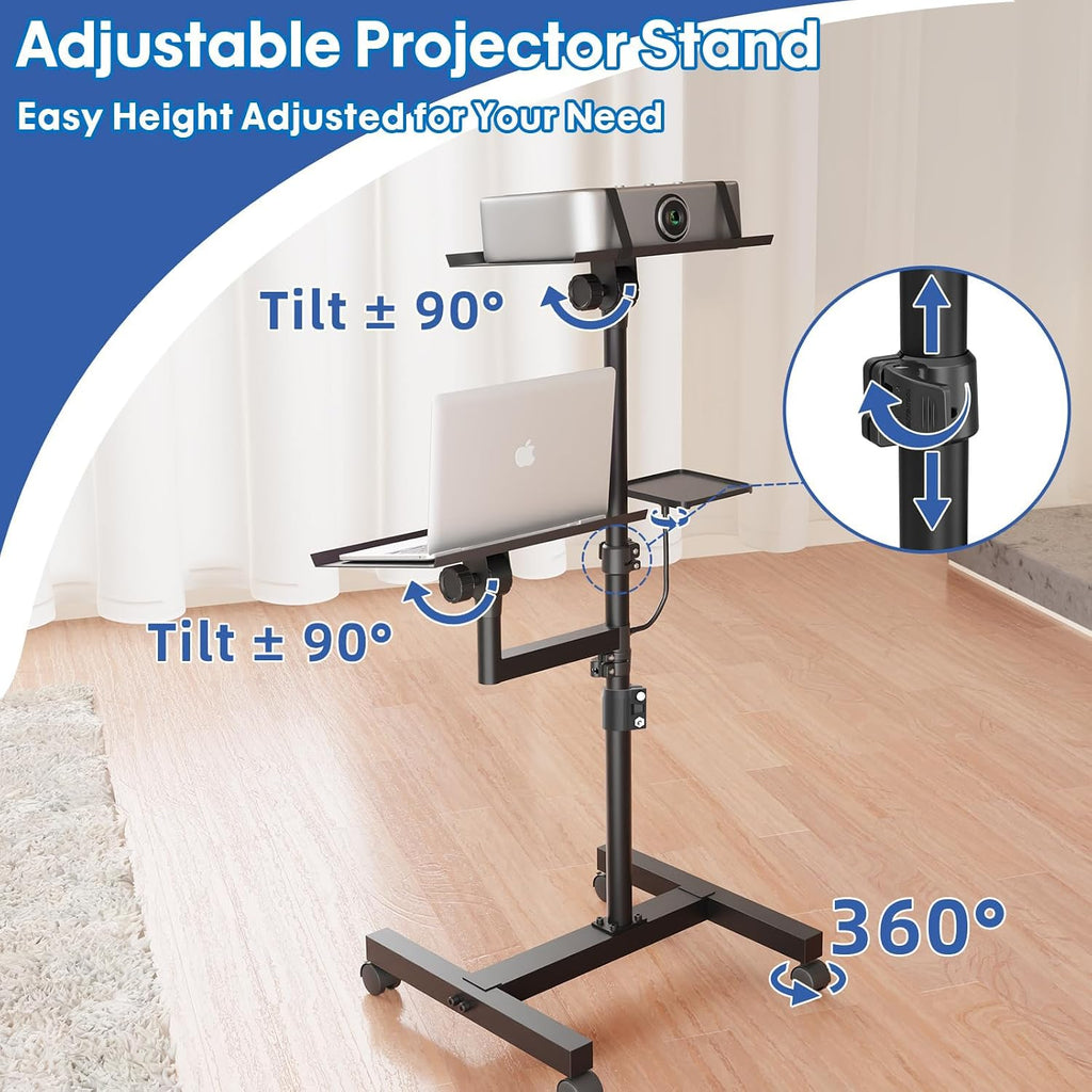 Projector Stand, 2 Shelves Mobile Laptop Cart with Adjustable 47" Height