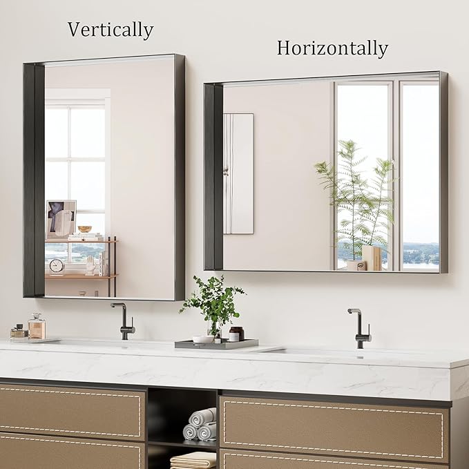 Koonmi 30x40 Inch Black Metal Framed Bathroom Mirror