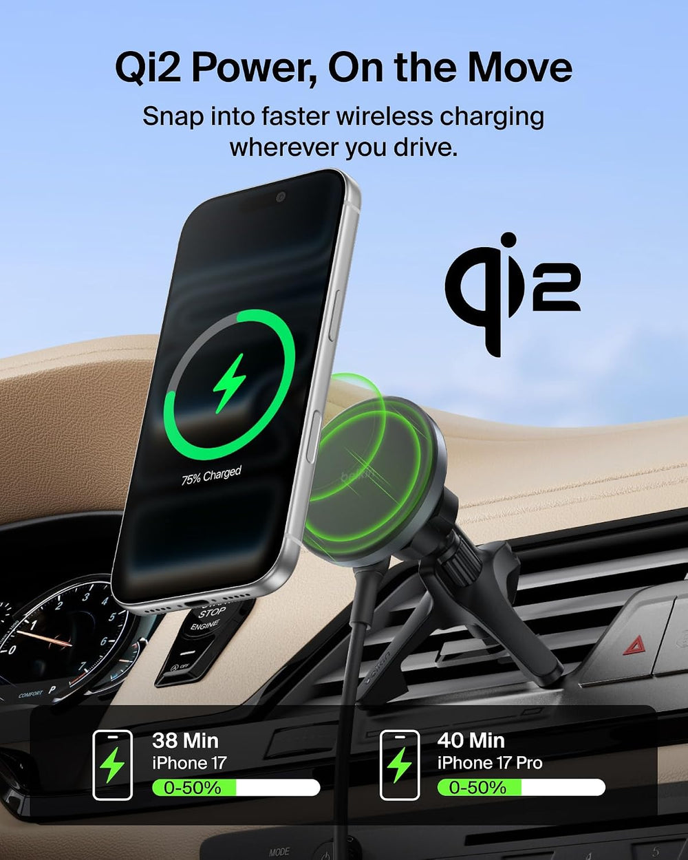 Belkin Qi2 15W Magnetic Wireless Vent Mount, Fast Charging Car Charger