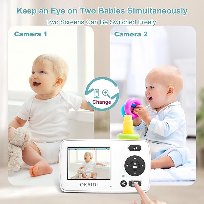 OKAIDI Video Baby Monitor with 2 Cameras, 2.4'' Portable Travel Screen