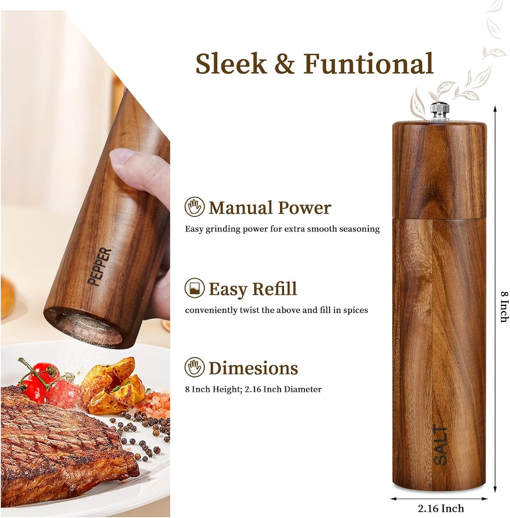XWXO 2 Pack Acacia Wooden Salt and Pepper Grinder Set 8 Inches Refillable