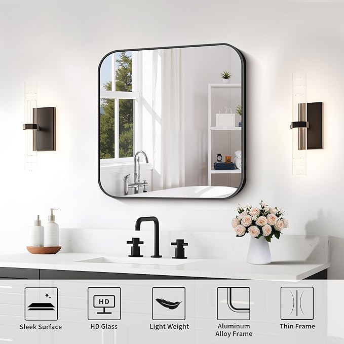 FORBATH Bathroom Mirror for Over Sink 24x24 Inch Black, Square Wall Mirror