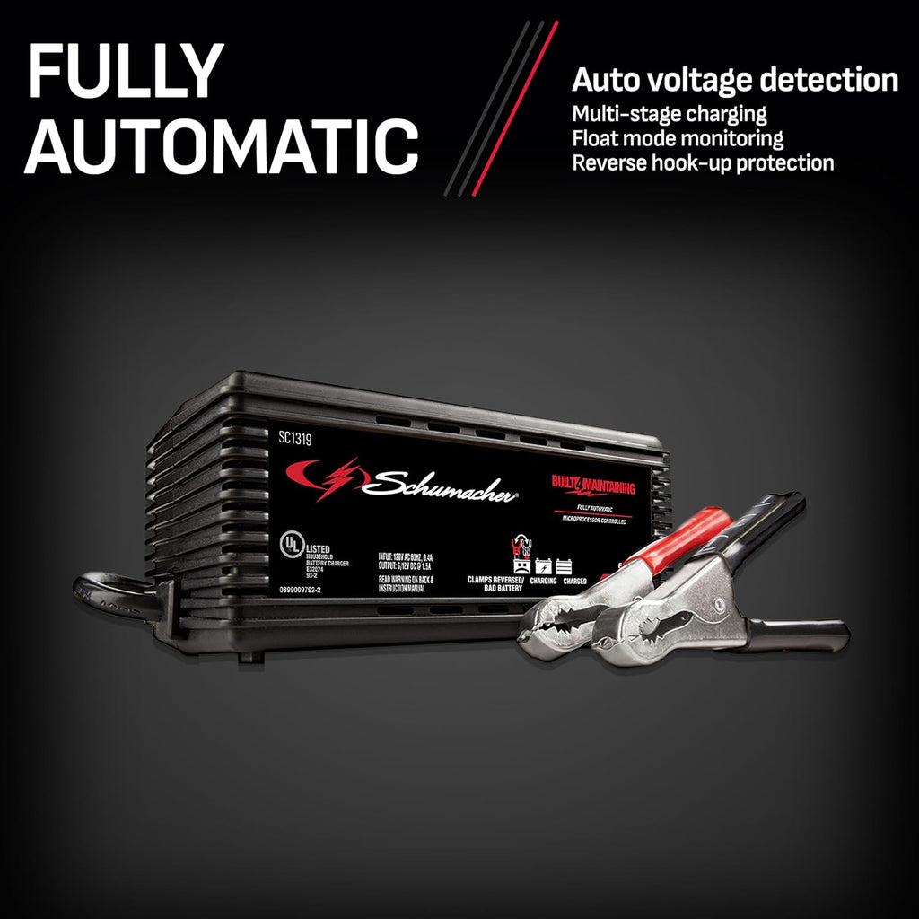 schumacher electric battery charger and maintainer, 3-in-1, sc1319, package contents