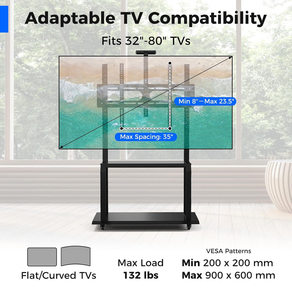 Goplus Mobile TV Stand, Rolling TV Cart with Camera Shelf & AV Shelves, Adjustable Media Console Cart for 32”-80” Flat/Curved TVs up to 132 lbs, Max VESA 900 X 600 mm, TV Mounting Screws Included