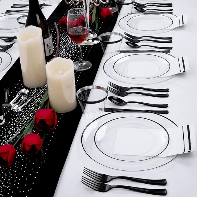 NOCCUR 350PCS Clear and Black Plastic Plates - Disposable Dinnerware Set for 50 Guests Include 100 Dinner/Dessert Plates,150 Black Cutlery,50 Cups&50 Napkins Ideal for Party, Birthday, Halloween