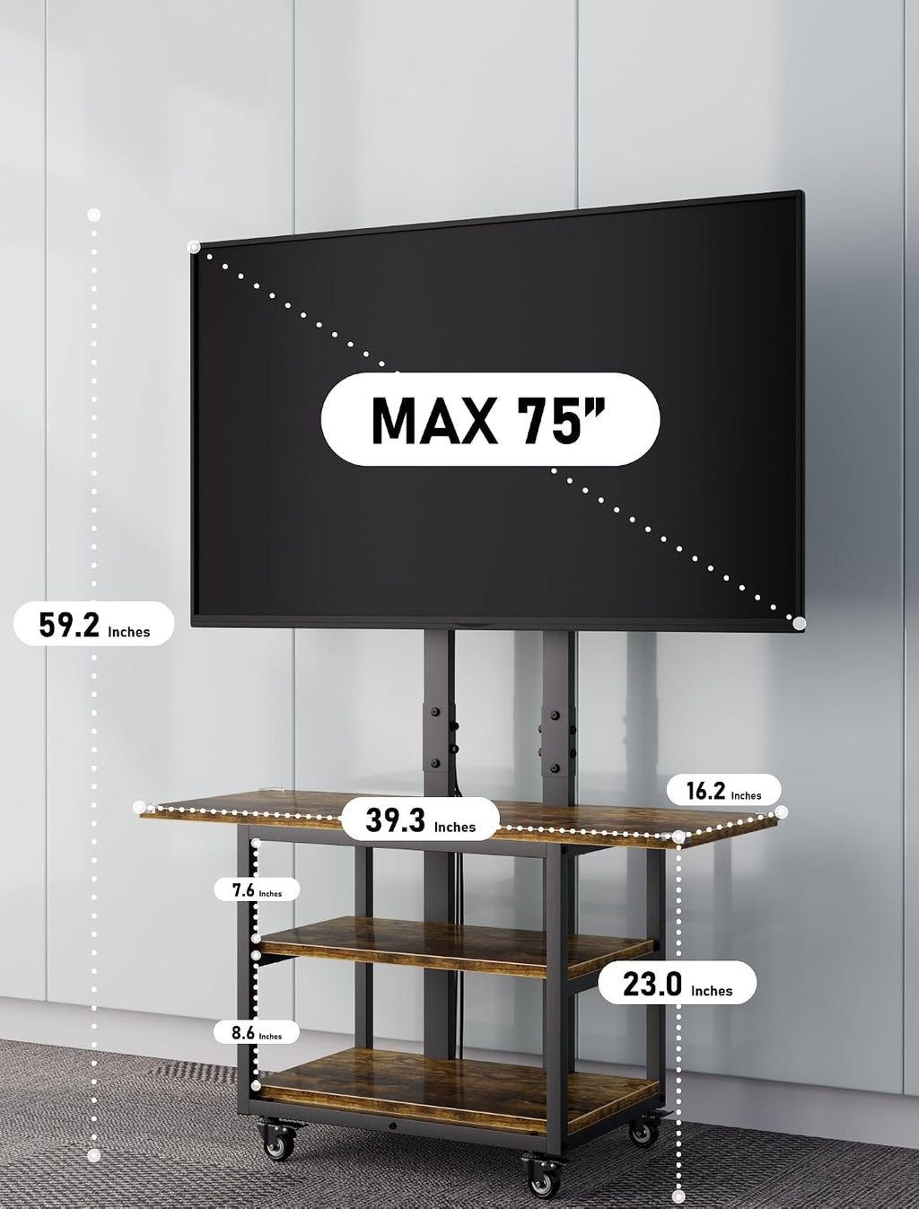 Heavy Duty Mobile TV Cart with 3-Tier Shelves, Height Adjustable Rolling TV Stand for 32-75 inch TVs up to 150 lbs, Portable TV Stand with Wheels for Home & Office, Max VESA 600×400mm(Retro)
