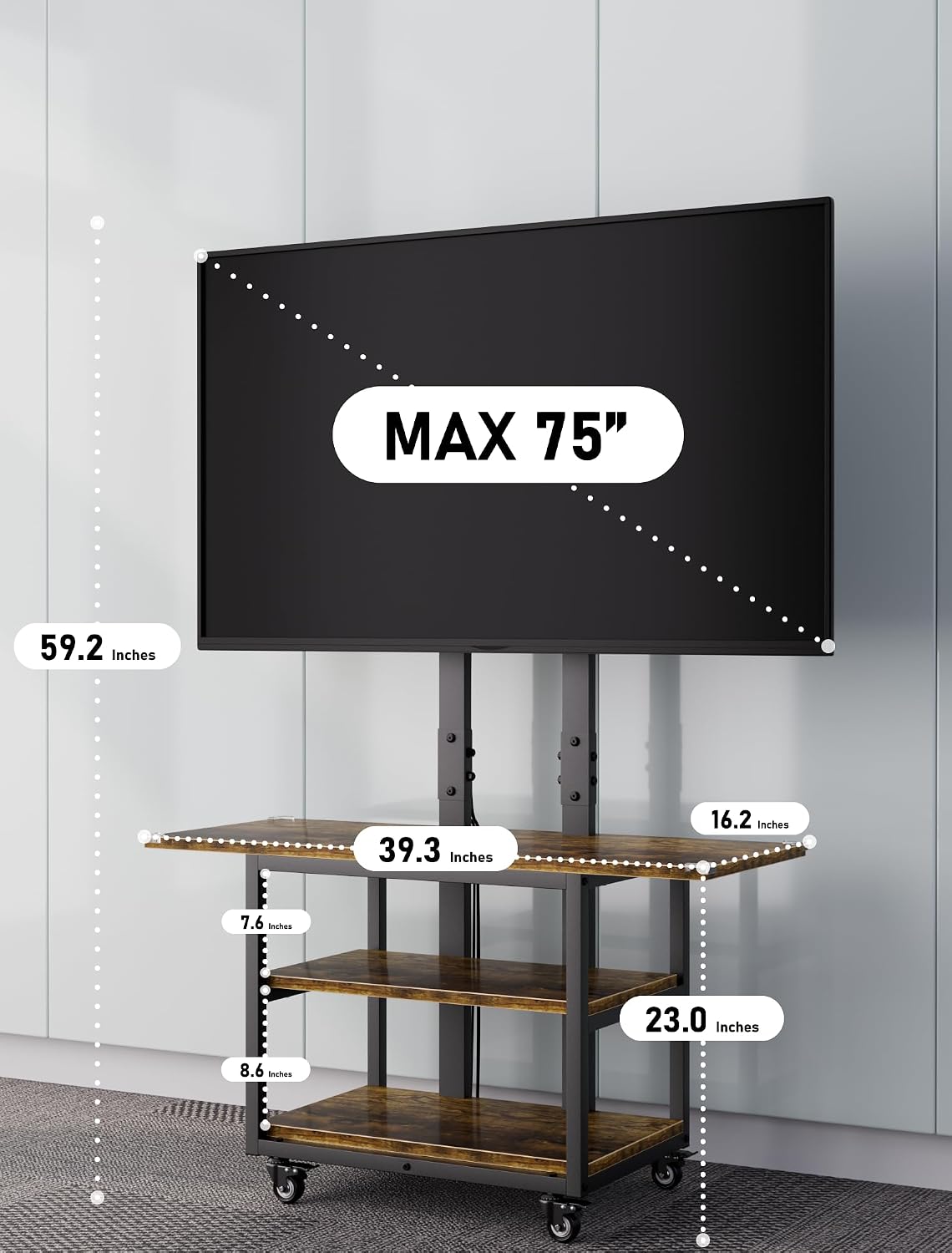 Heavy Duty Mobile TV Cart with 3-Tier Shelves, Height Adjustable Rolling TV Stand for 32-75 inch TVs up to 150 lbs, Portable TV Stand with Wheels for Home & Office, Max VESA 600×400mm(Retro)
