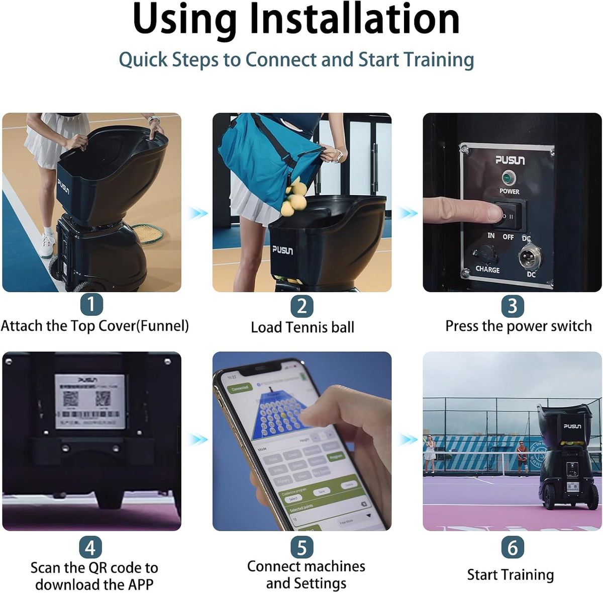 PT-SAMRT-Professional Tennis Ball Machine with App Control - 100+ Ball Capacity - 12 Training Modes - 4-6 Hours Battery Life