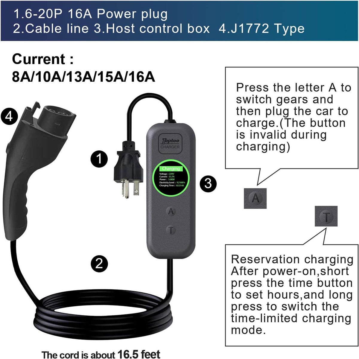 1+2 EV Charger Level Portable Electric Car Charger 6-20P 16A Power Plug 3.5KW 110V-240V for J1772 Electric Cars (Applicable to Household Electricity)