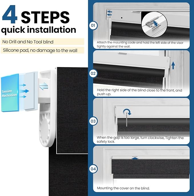 No Drill Motorized Blinds with Remote, Cordless Smart Electric Roller Shades