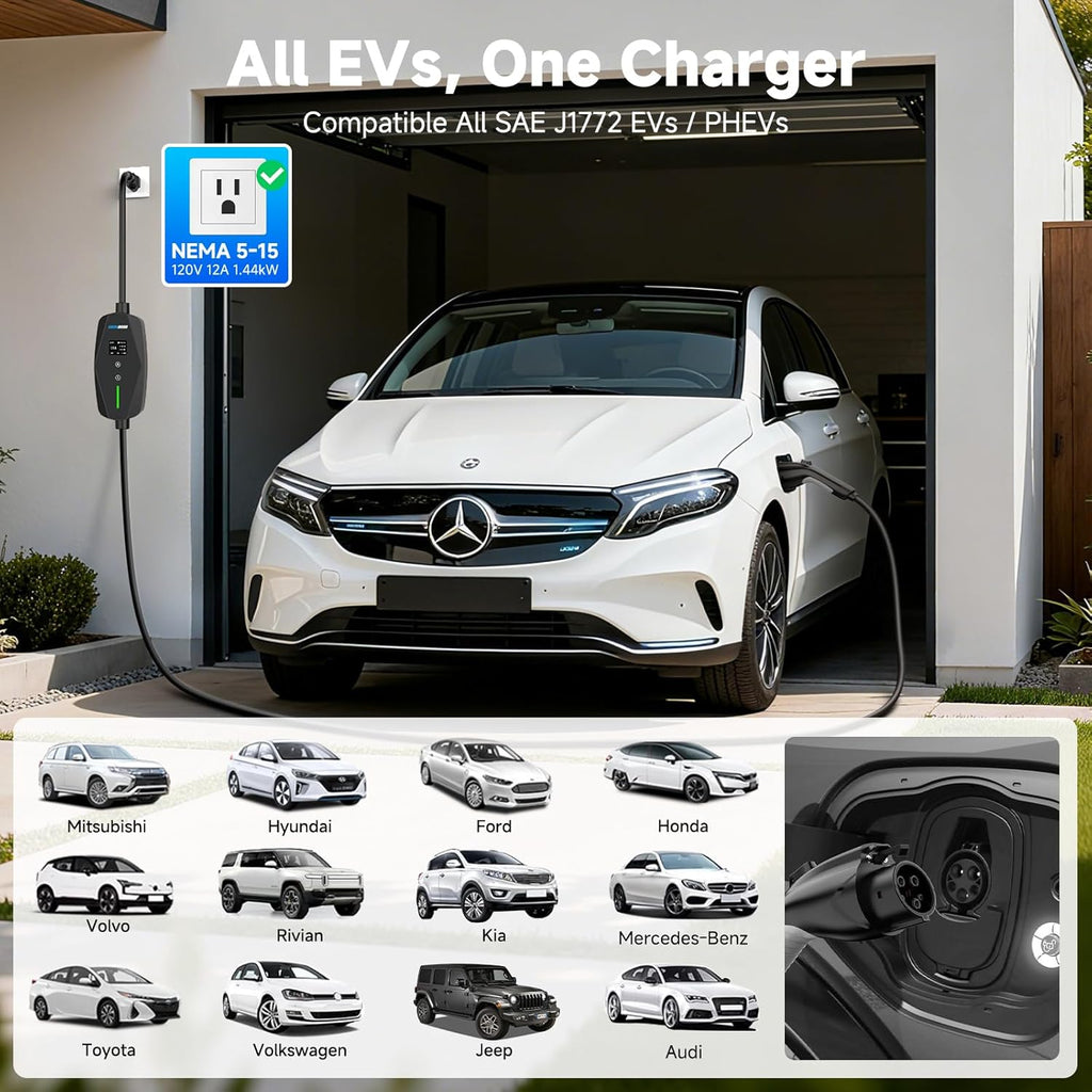 Level 1&2 EV Charger -16Amp Adjustable Current Home Charging Station with 110V-240V NEMA 6-20 Plug & 5-15 Adapter, 25FT Cable Portable Electric Vehicle Car Charger, SAE J1772 Charging Station for Home