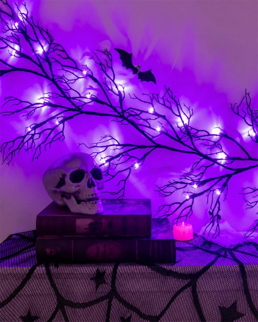 Halloween Twig Garland Decoration with 45 Purple LED Lights, 9 FT