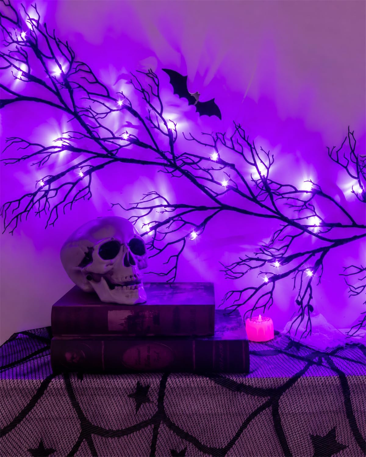Halloween Twig Garland Decoration with 45 Purple LED Lights, 9 FT