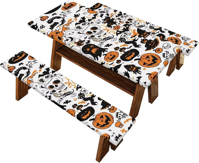 Halloween Pattern Camping Table Covers with Seat Covers Waterproof Picnic Outdoor Tablecloth with Bench Covers Farm Fitted Picnic Table Cover Camping Tablecloth Halloween Decor