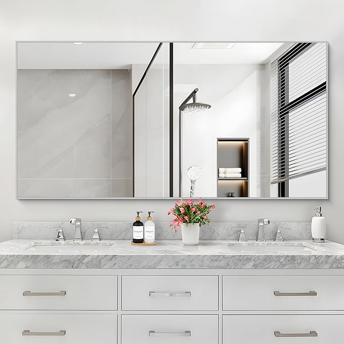 30x55In Silver Bathroom Mirror for Wall, Brushed Nickel Rectangle Mirrors