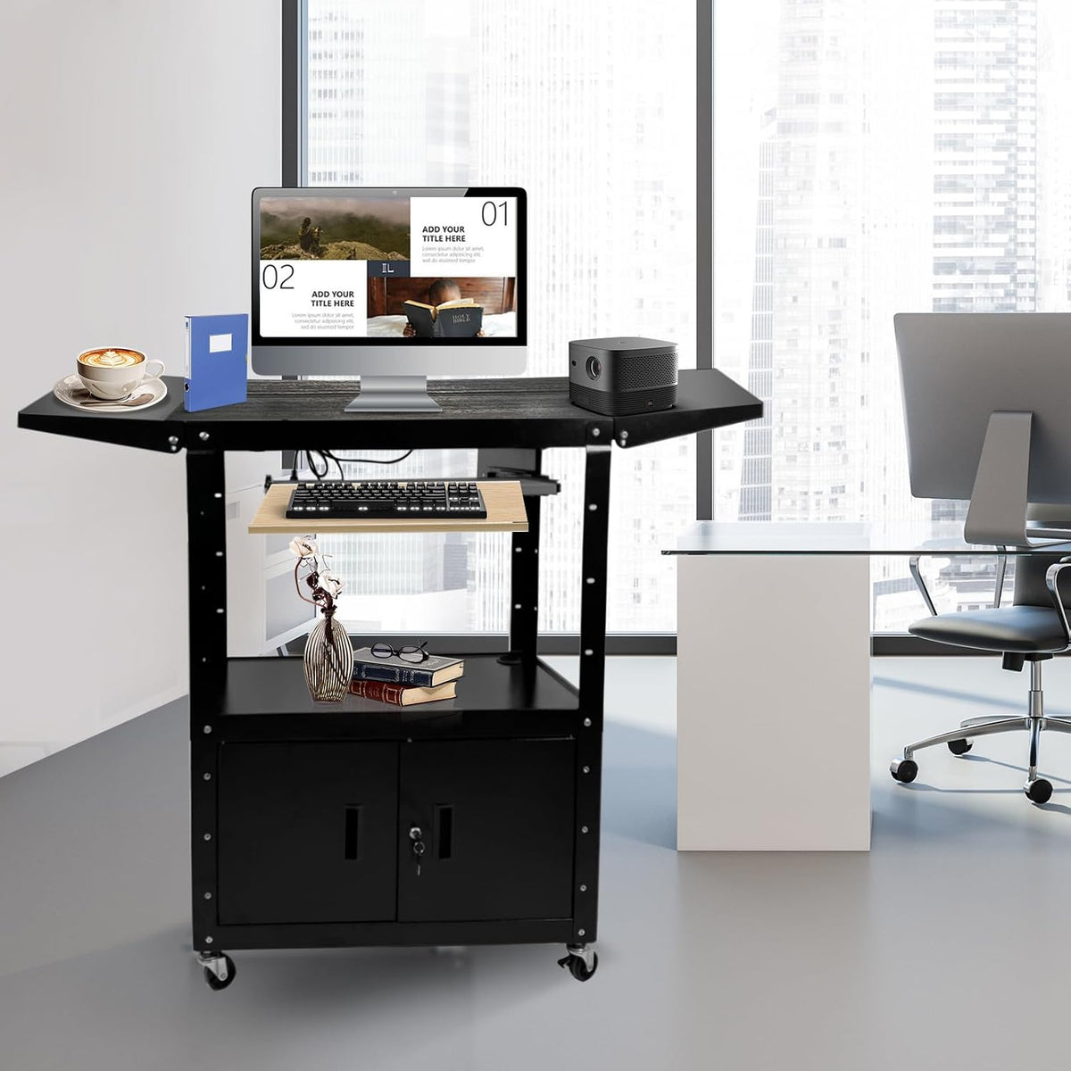 Large Steel AV Cart with Locking Cabinet and Pullout Keyboard Tray, Adjustable-Height Rolling Media Cart with Wheels & Power (54"x18"x43")