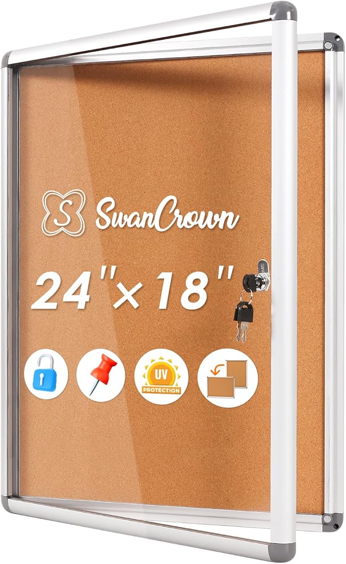 SWANCROWN Enclosed Bulletin Cork Board 24x18 in, Lockable Bulletin Board