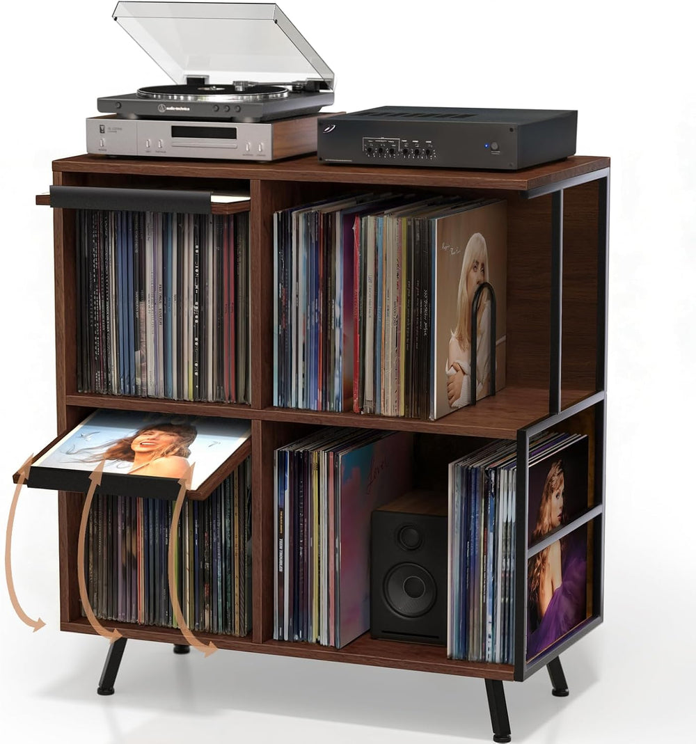 Faesun 3 Tier Record Player Stand with Flip-Down Record Shelf, Walnut
