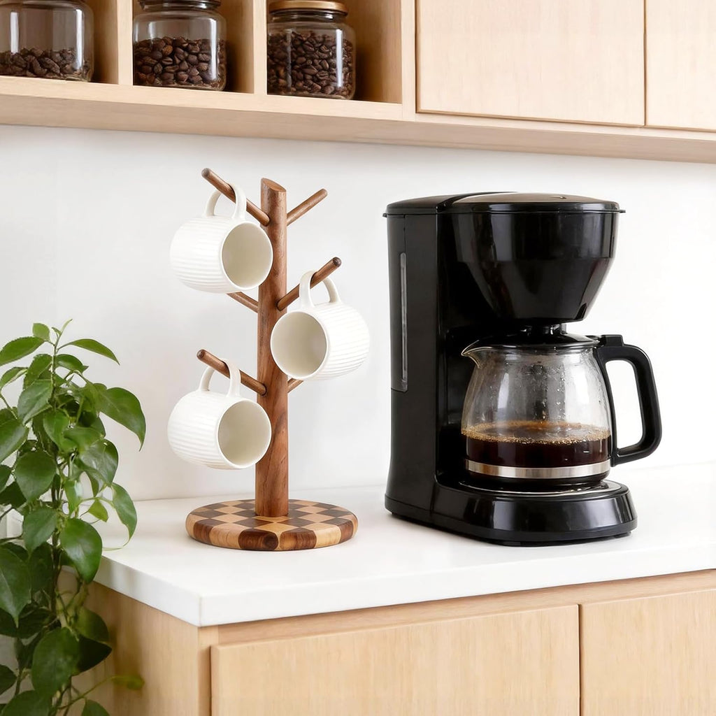 Natural Wood Mug Holder for Counter Top, Acacia Wood Coffee Mug Tree