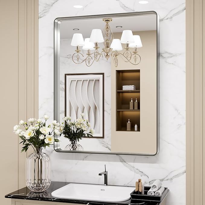 LOAAO 22X30 Inch Brushed Nickel Bathroom Mirror, Rounded Rectangle Silver Metal