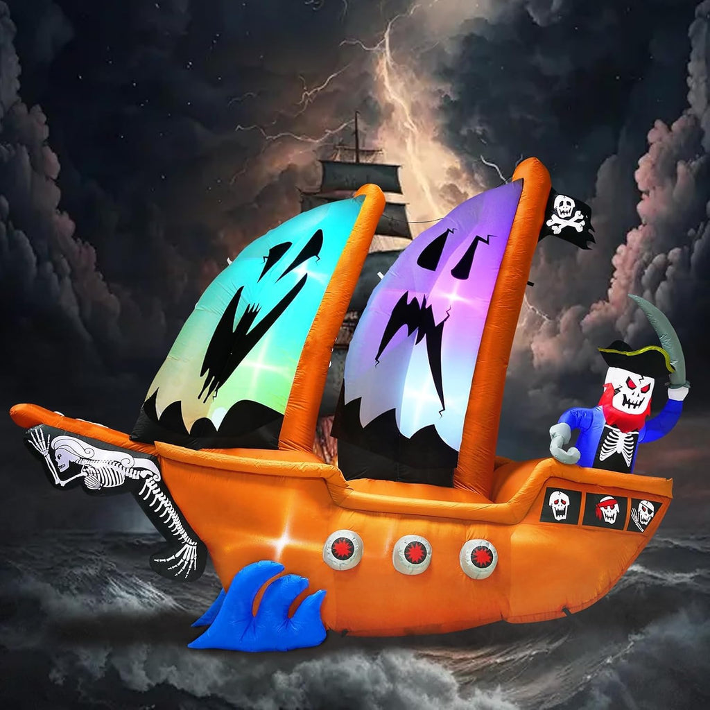 10FT Length Halloween Pirate Ship Inflatable with Pirate, Halloween Decorations Outdoor Inflatable Pirate Ship Built-in 5 LEDs and 4 RGB Lights for Pirate Halloween Decorations Outdoor