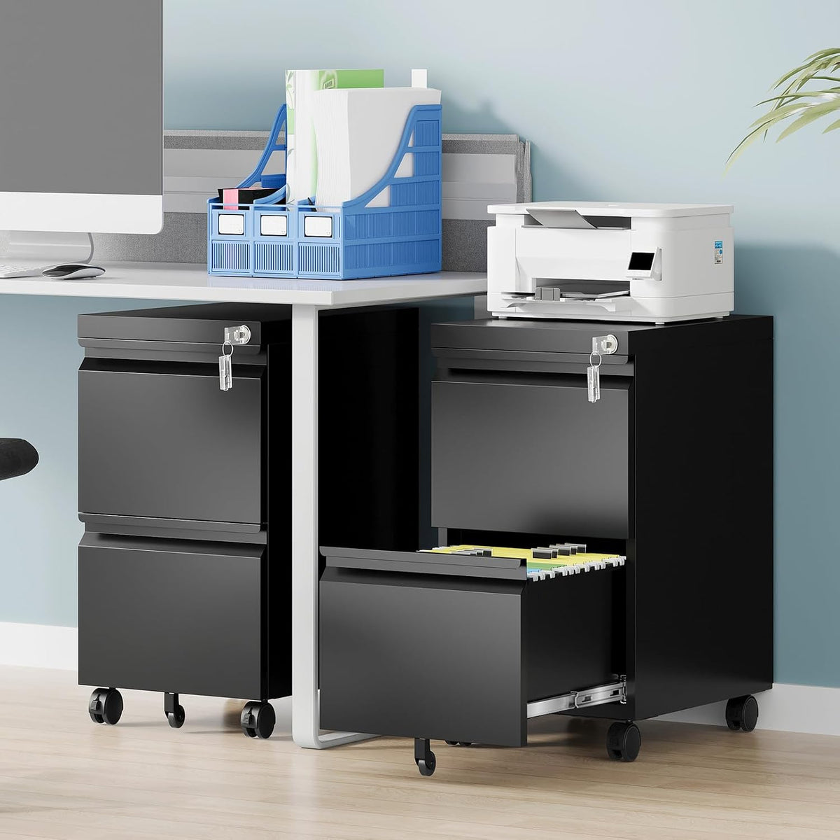 2 Drawer File Cabinet, Fully Assembled Mobile File Cabinets with Lock, Metal Rolling Filing Caninet on Wheels, Small Two Drawer Under Desk Cabnet for Letter/Legal / A4 / File Box - Black