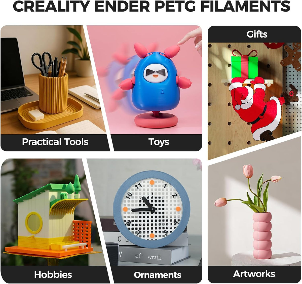 creality petg filament 1.75mm 4kg, black+white+blue+red, total 4-pack on a desk or shelf