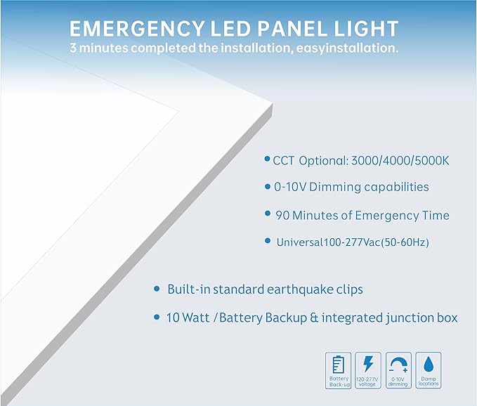 2X2 LED Flat Panel Light Emergency Battery Backup, 40W-3000K/4000K/5000K