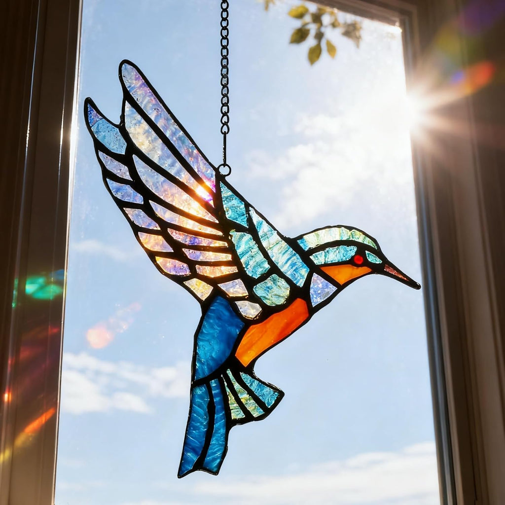 Stained Glass Hummingbird Suncatcher,Unique Handmade Window Hanging Ornament - Perfect Housewarming,Birthday, Christmas & Thanksgiving Gift for Bird Lovers and Mom (Hummingbird A)