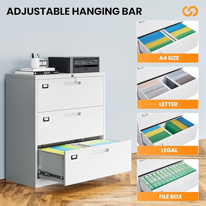 3 Drawer File Cabinets for Home Office, Metal Filing Cabinet