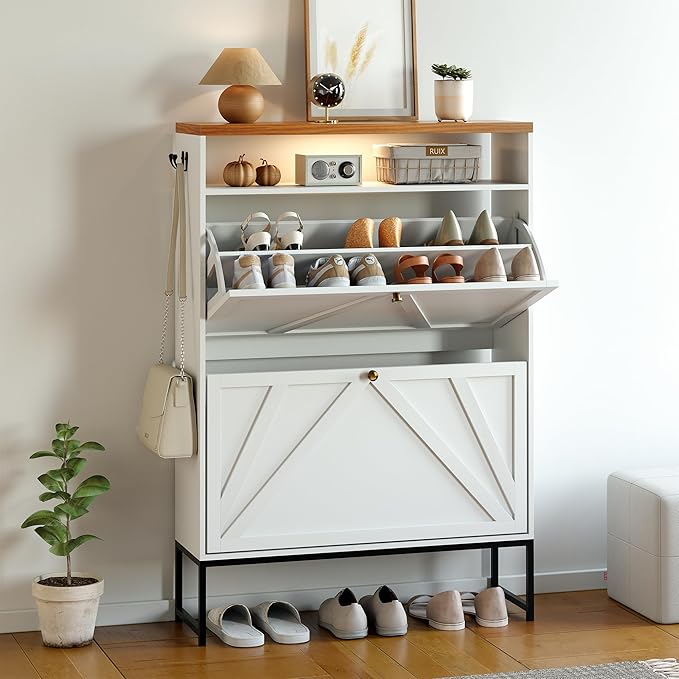 Shoe Storage Cabinet with 2 Flip-Up Doors, Freestanding Hidden Shoe Storage