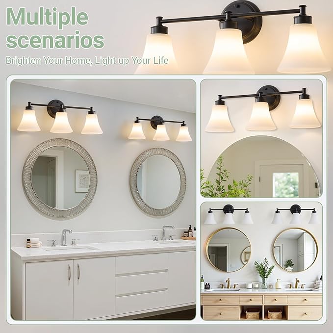 LOUSACE 3 Light Bathroom Vanity Light Matte Black Bathroom Lighting Fixtures
